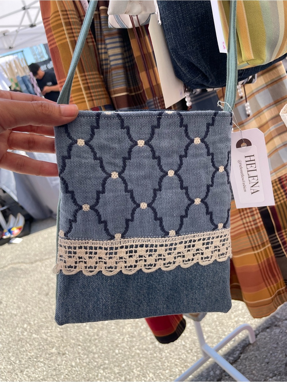Upcycled Denim Crossbody with Lace Trim - Blue